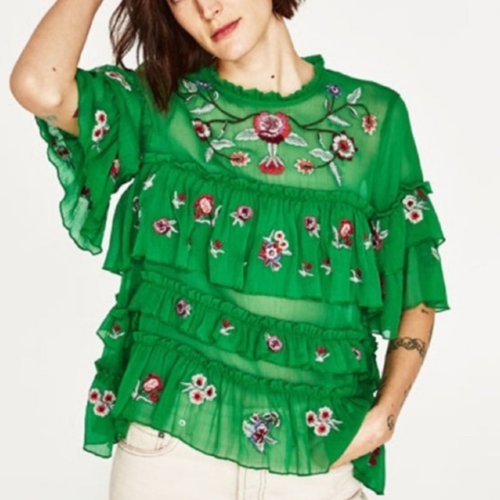 Zara Green Embroided Ruffle Blouse Size S